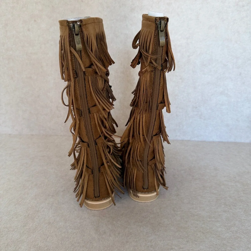 Joyfolie Kids Riley Boot Tan Girls size 1Y Vegan Suede Fringe Braided Boho Boots